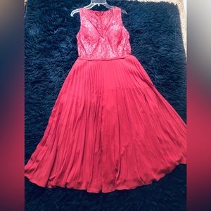 JJs House Red Lace and Pleated Midi Dress